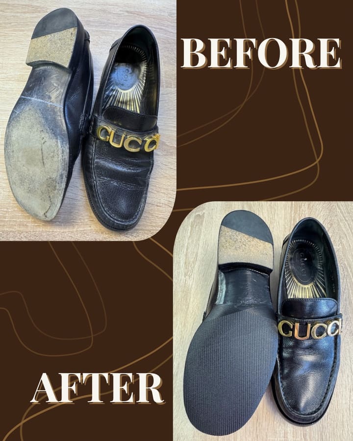 Gucci Loafer vorher und nachher: links die durchgelaufene Ledersohle, rechts die neue rutschfeste Gummisohle nach der Reparatur